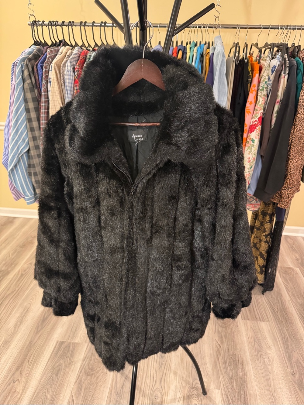 dennis basso Black Faux Fur Plush Zip-Front Jacket